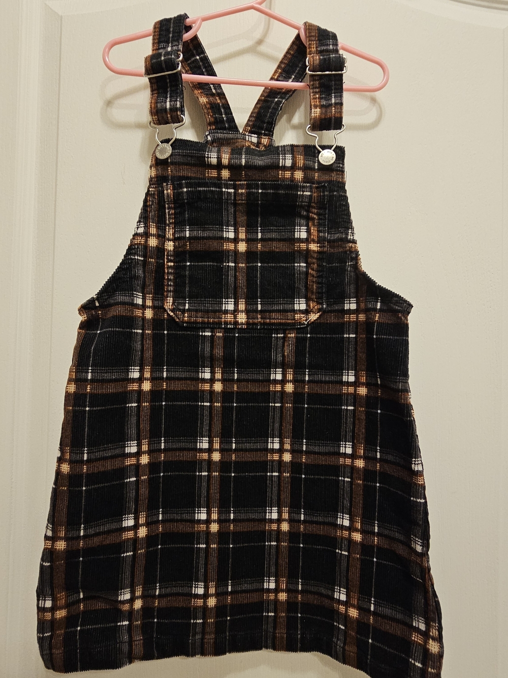 art class Black and Brown Plaid Corduroy Overall Dress